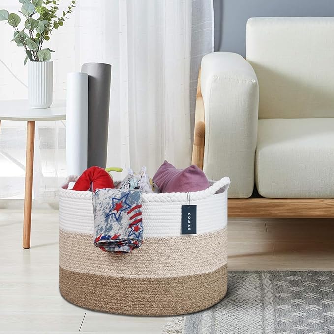 COMSE Extra Large Blanket Basket, Woven Laundry Basket, 21.7âx 13.8â, Nursery Hamper, Cotton Rope Laundry Hamper Living Room for Storage Toys Clothes Towels(White & Gradient Brown)