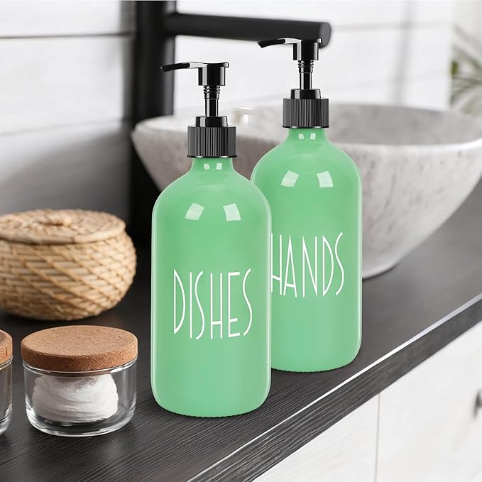 Dish Soap Dispenser for Kitchen - 16 OZ Glass Hand Soap Dispenser Set - Kitchen Bathroom Decor and Accessories (Avocado Green)