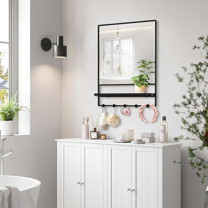 WONSTART Wall Mirror with Shelf and Hooks,Vanity Mirror with Hooks, 21 X 28 inch Metal Framed Bathroom Mirror with Shelf for Bathroom, Entryway, Bedroom, Living Room (Black, 21" x 28")