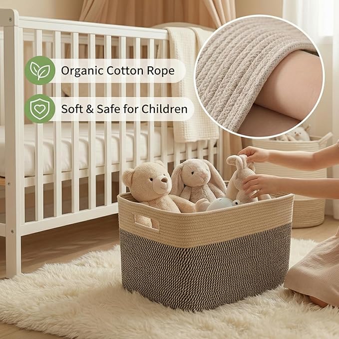 Woven Blanket Basket,65L Large Storage Bin for Blankets Toys Clothes,Decorative Rope Basket for Living Room Bedroom with Handles, Jute&Black