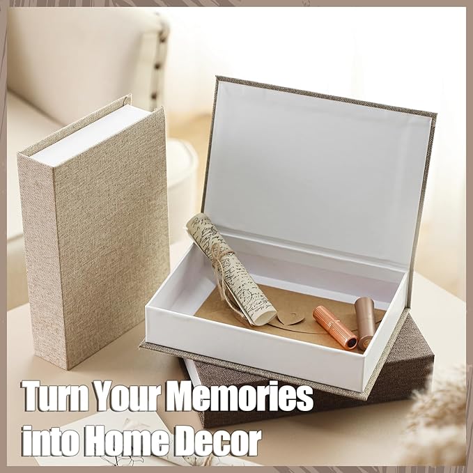 Tioncy 3 Pcs Fake Book Box Neutral Linen Book Box Decorative Faux Prop Storage for Farmhouse Home Decor shelf Table Card Photo DIY Keepsake Gift(8.6 x 6.1 x 1.8 Inch,Khaki, Dark Coffee, Light Coffee)
