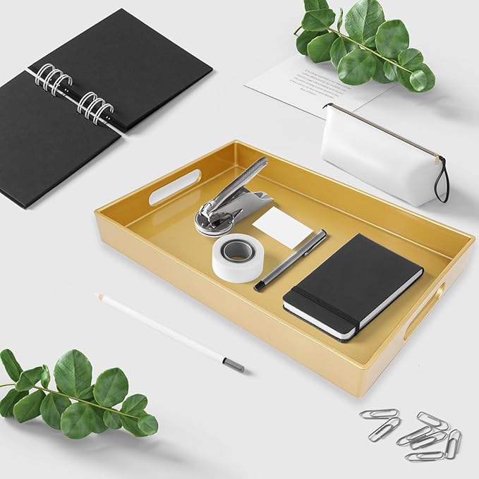 Spsyrine Gold Bathroom Vanity Tray with Handles for Dresser Tops, Countertop, Perfume Decorative Tray, 11.8â * 7.87â *1.37â