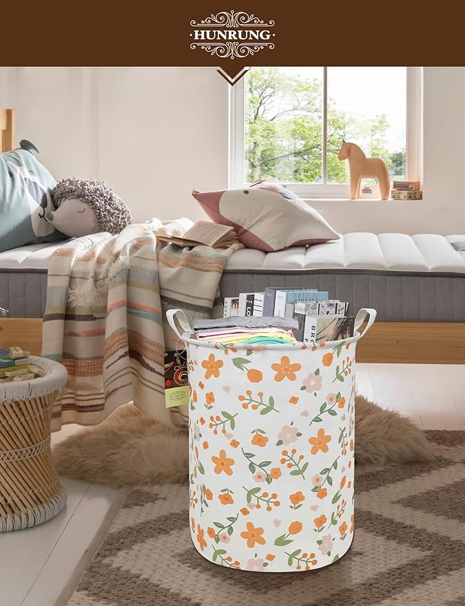 HUNRUNG Laundry Hamper,Large Canvas Fabric Lightweight Storage Basket Toy Organizer Dirty Clothes Collapsible Waterproof for College Dormsï¼Round-Orange Flowerï¼