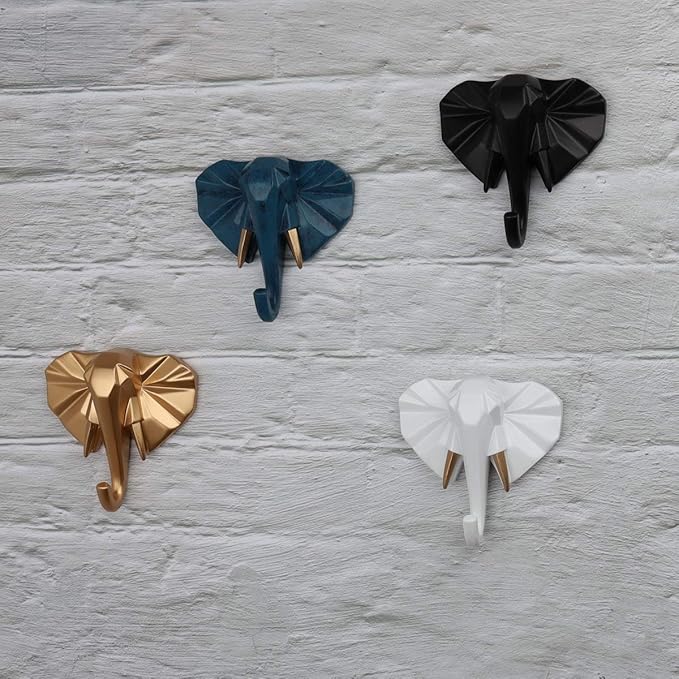Elephant Head Modern Wall Decoration Resin Animal Creative Hook Home Cloakroom Bedroom Jewelry Display Key Scarf Bag Coat Holder Rack (White, Gold, Blue, Black)