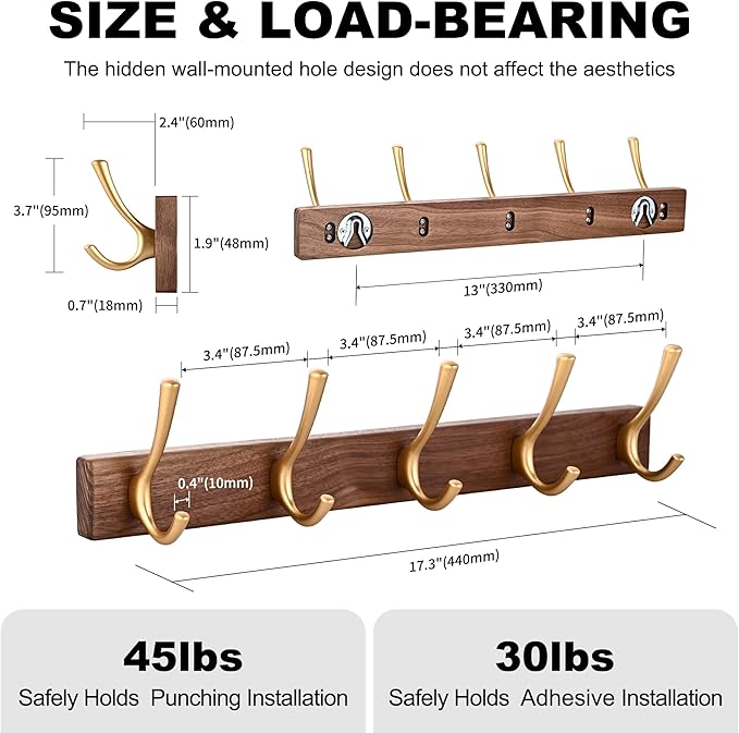 17.3" Small Walnut Wood Coat Rack Wall Mount with 5 Hooks, Heavy Duty Wooden Jacket Hanger Door Mounted for Decorative Entryway Bathroom Hanging Towel Backpack Purse Clothes Hat Key Gold