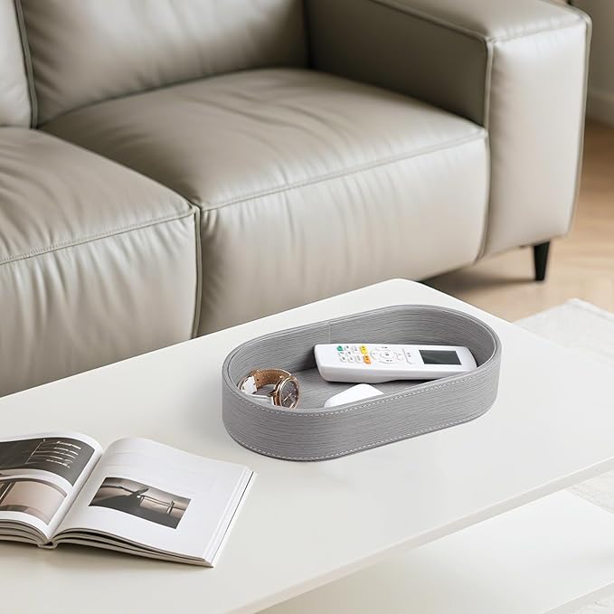 Oval Desk Valet Tray, PU Leather Perfume Dish Bowl for Keys Wallet Watch, Decorative Trinket Vanity Jewelry Tray, Entryway Nightstand Organizer Women Men (Grey)