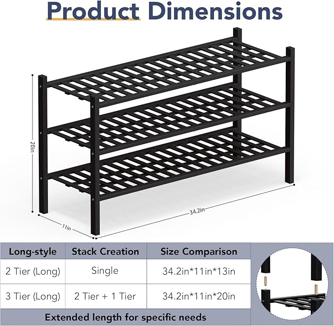 Haddockway Long 3 Tier Bamboo Shoe Rack Storage Organizer,Multifunctional Free Standing Stackable Shoe Shelf with Grid Panel for Closet,Hallway,Entryway,Small Space 34.2"x11"x20"