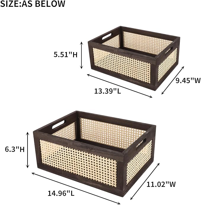 Rattan Storage Baskets, Wicker Storage Baskets for Shelves, Wooden Crate. (Brown-Set2)