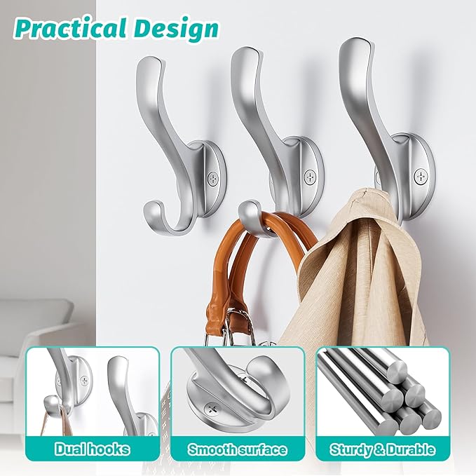 Coat Hooks Heavy Duty - Easy to Install Metal Towel Hooks Fashionable Wall Hooks for Hanging Hat, Towel, Key, Robe, Scarf, Bag, Cap (10 PCS Silver)