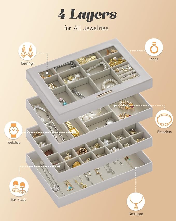 Large Jewelry Organizers and Storage Box, 4 Layers Stackable Jewelry Organizer Trays Clear Lid Cover for Drawers, Jewelry Boxes for Women, Stacker Jewelry Display Case