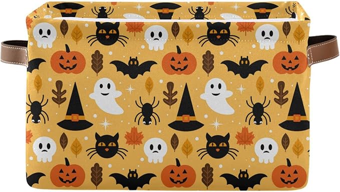 Bolaz Large Storage Basket Halloween Spooky Skull Pumpkin Black Cat Foldable Storage Box Organizer Bins with Handles for Bedroom Home Office