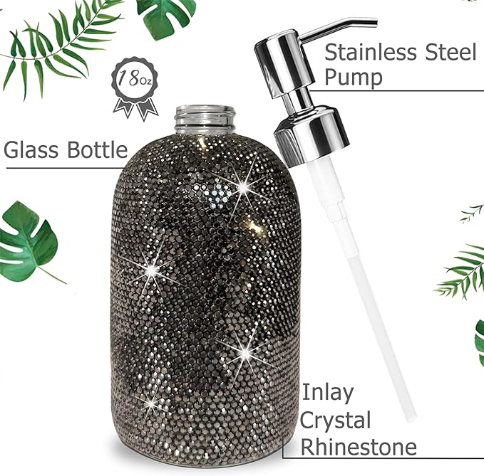 SlowVibes 18Oz Bling Black Soap Dispenser with Rust Proof Stainless Steel Pump,Refillable Liquid Hand Wash Bottle for Bathroom Kitchen,Sparkle Decorative Shower Dispenser,Rhinestone Lotion Dispenser