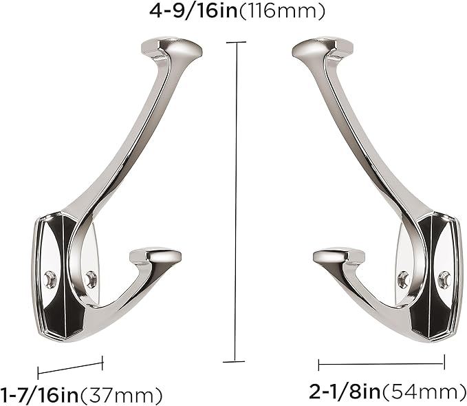 2 Pack Polished Nickel Hooks Decorative Heavy Duty Solid Large Coat Hooks for Towel Hanging Coats Robe Wall Mounted Towel Bags Door Back Bathroom Wall Hook.