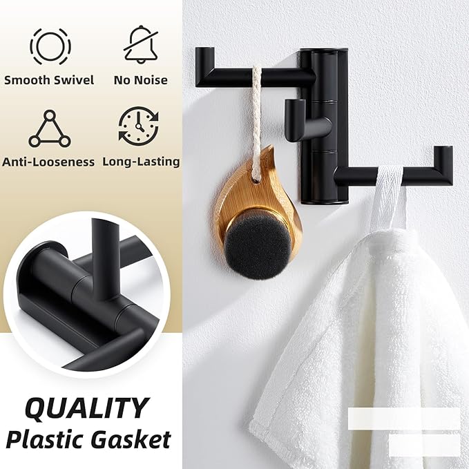 APLusee Swivel Towel Hook, 304 Stainless Steel Foldable Clothes Hook with Multi Three Rotating Arm, Flexible Bathroom Kitchen Storage Hanger Wall Mounted, Matte Black