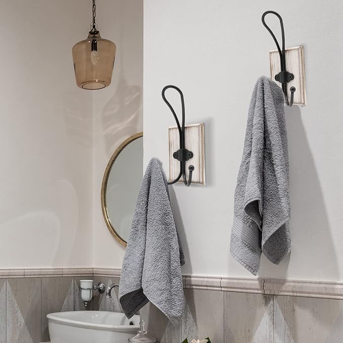 Wall Hooks for Hanging Heavy Duty, 2 Pack Farmhouse Double Towel Hooks for Bathrooms Wall Mounted, Rustic Decorative Wood Coat Hooks Hanging Keys Robe Hat for Kitchen, Entryway (Weathered White)