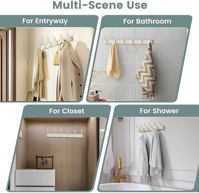 Coat Rack Wall Mount with 6 Hooks (Cream, 1 Pack), Heavy Duty Wall Coat Hooks for Entryway, Bedroom, Closet, Hanging Hats, Bags, Purses