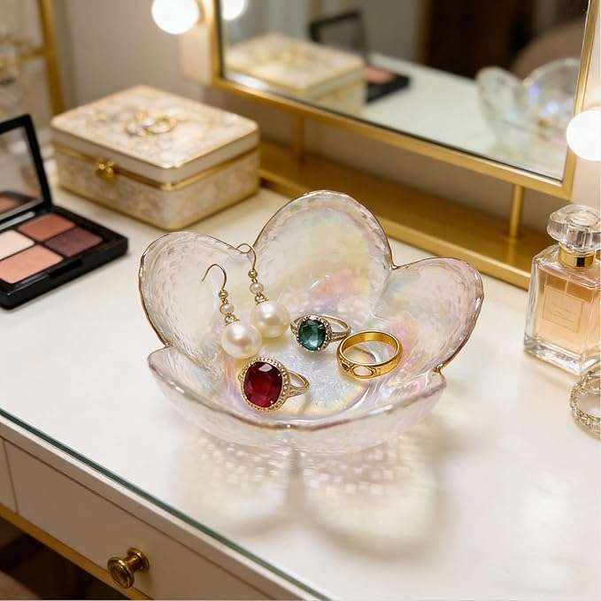 Flower Ring Dish Jewelry Tray, Glass Jewelry Dish Tray, Aesthetic Room Decor Small Trinket Dish, Nightstand Jewlery Ring Holder Dish, Bathroom Jewelry Plate Bowl for Rings Earrings Gift (White)