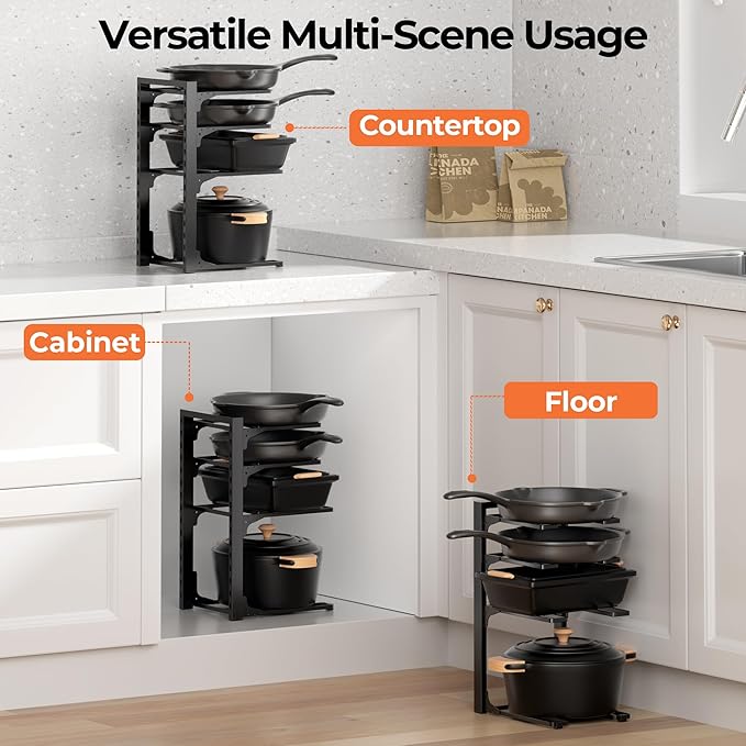 MUDEELA Pots and Pans Organizer under Cabinet 15.75" Tall, 4-Tier Heavy Duty Pan Organizers inside Cabinet Kitchen Storage, Adjustable Pot Rack Holds up to 88 LB Cast Iron Skillets Shallow Cookware