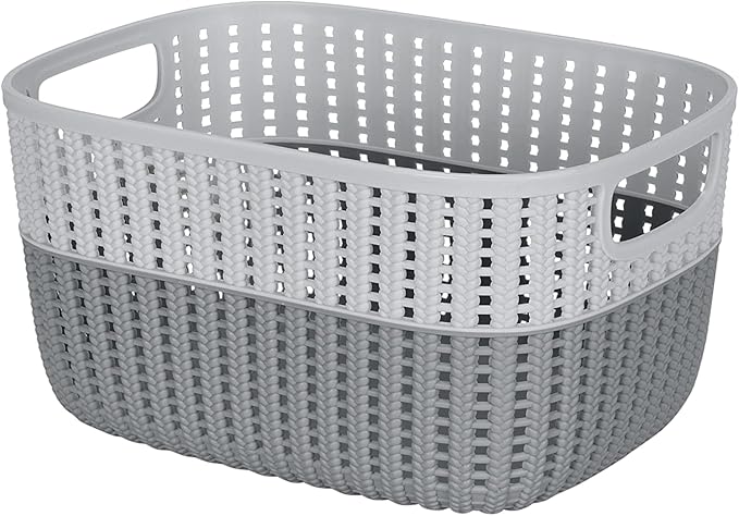 Simplify 4 Pack 2 Tone Sailor Knot Plastic Storage Tote | Decorative Basket | Closet Organization | De-clutter | Accessories | Toys | Bathroom Organization | Medium | Grey/Grey