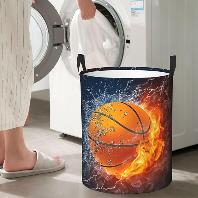 Sport Basketball Ball In Fire And Water Round Laundry Hamper Storage Basket Toys Clothes Organizer Bin For Home Bathroom Bedroom Dorm Nursery, 62l