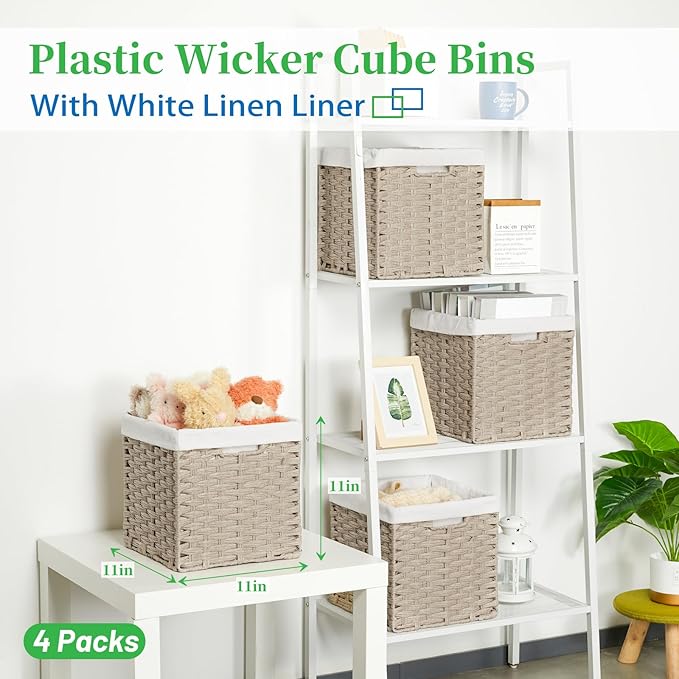 Bidtakay Wicker Storage Baskets for Organizing 4-Pack Hand-Woven Imitation Wicker Cube Storage Bins with Liners for Shelves Closet Cabinet 11x11 Waterproof Cube Organizer for Pantry-Greyish Beige