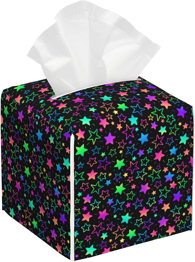 Neon Stars Tissue Box Cover Square,Tissue Box Holder with Belt Bottom,Stylish Leather Napkin Holder for Vanity Countertop,Nightstands,Office Desk,5.2"Ã5.2"Ã5.2"