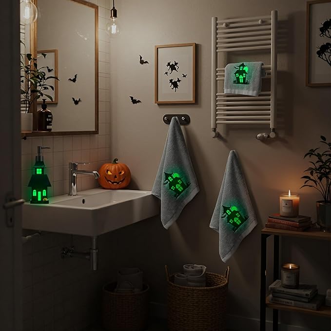 4 Pcs Halloween Soap Dispenser Bathroom Decoration Glowing Castle Soap Dispenser Lotion Pump Halloween Hand Towels with Gift Box Set for Home Bath Kitchen Accessories