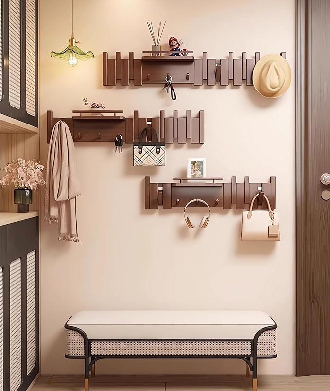 Wall Mounted Coat RackHooks Piano Key Hangers Natural Solid Wood Hanger Non-Woven Fabric Clothes Hangers for Closet, Kitchen, Bedroom, Bathroom, Entryway (Innovate-Walnut, 8 Hooks)