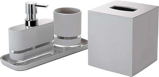 Decozen Bathroom Accessories Set of 4 - Elegant Soap Dispenser, Tumbler, Tissue Box & Tray for Modern Decor Home Decor Bath Accessories, Ideal Bathroom Decor & Housewarming Gift - Light Grey