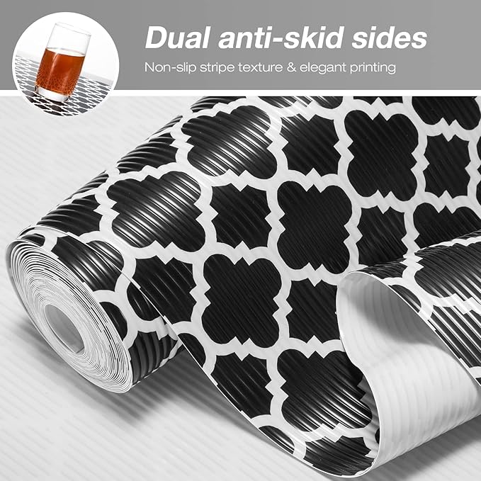 Glotoch Shelf Liners for Kitchen Cabinets 17.5” x 30 ft, Non Slip Drawer Liner, Waterproof Cabinet Liner for Wire/Pantry/Closet/Dresser-Non Adhesive, Heavy Duty, Quatrefoil, Black&White
