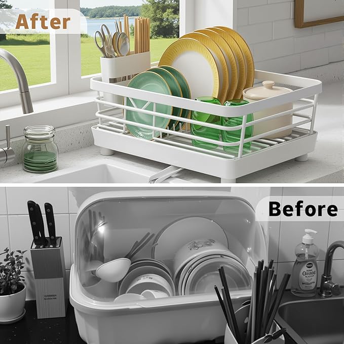 Dish Drying Rack for Kitchen Counter, Stainless Steel Sink Organization and Storage Essentials with Cutlery Holder, 9.05''W x 15.35''L, Stainless Steel Dish Strainer with Utensil Holder
