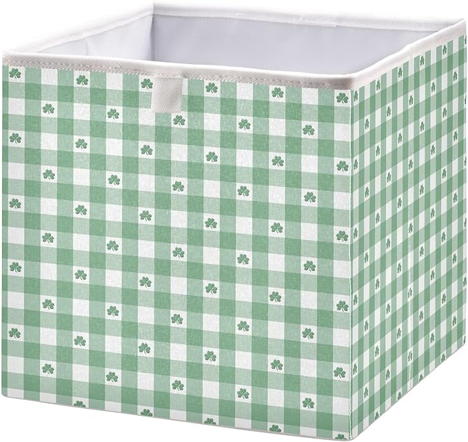 Bolaz Green White Gingham Pattern Shamrocks Closet Organizers Storage Cubes Storage Bins Shelf Baskets Containers for Home Room Office,Rectangle