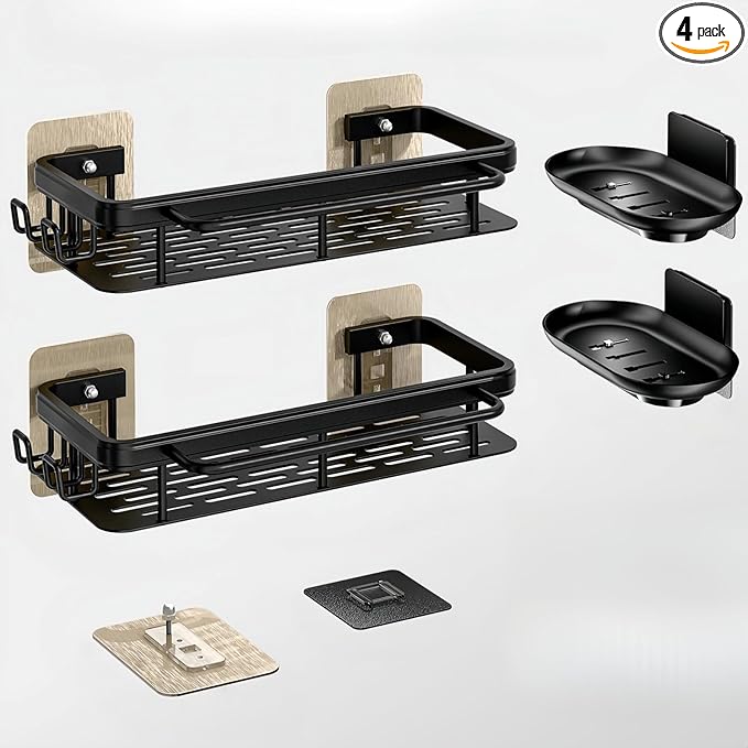 Flat Panel Design Shower Caddy,Anti-Tip & Anti-Fall Bathroom Organizers and Storage,4-Pack Rust-Resistant Aluminum Shower Shelves with Soap Holder&Towel Bar,Spacious Bathroom Accessories Set