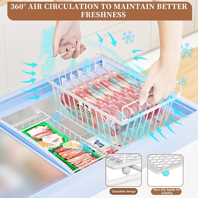 Freezer Organizer Bins ，Enhanced Leak-Proof Bottom，6 Pack Stackable Deep Freezer Organizer Bins for 5 Cu.FT Small Chest Freezer，organization and storage，pantry organizers（for 5 Cu.Ft