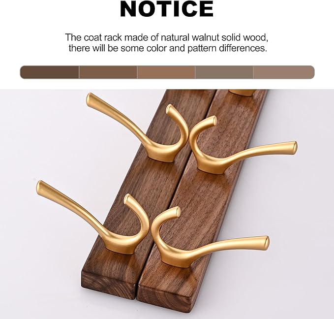 17.3" Small Walnut Wood Coat Rack Wall Mount with 4 Hooks, Heavy Duty Wooden Jacket Hanger Door Mounted for Decorative Entryway Bathroom Hanging Towel Backpack Purse Clothes Hat Key Gold