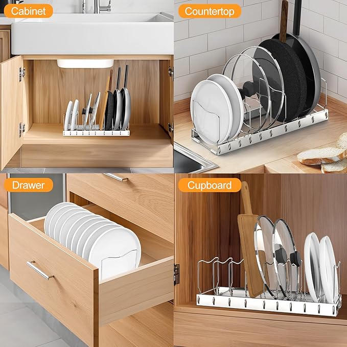 FLSEPAMB 2 Pack 10-Tier Pan Organizer Adjustable Lid Organizer Kitchen Organizers and Pan Organizer and Storage Pot Heavy Duty Pot Lid Organizer for Kitchen Under Sink Storage Drawer