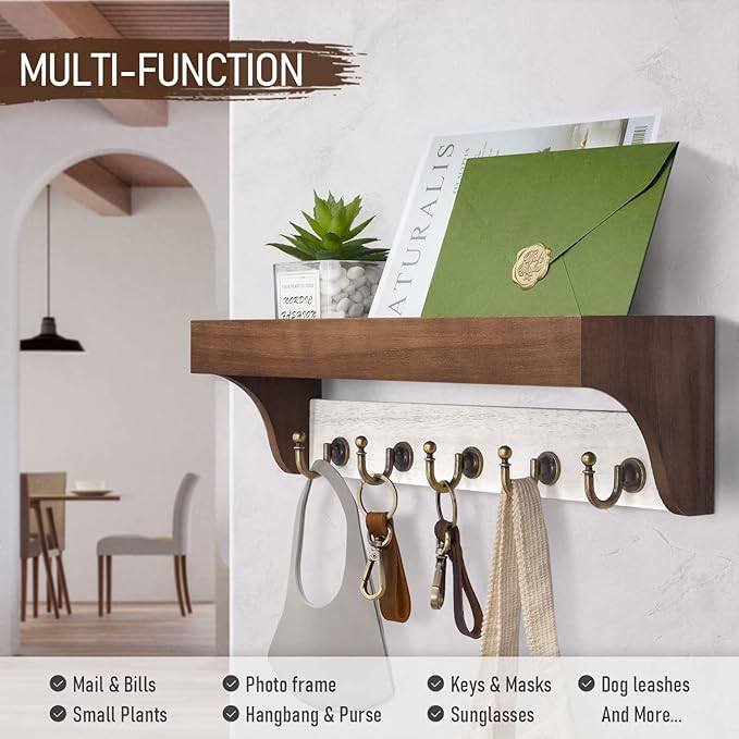 Rebee Vision Key Holder for Wall with Shelf - Farmhouse 2-Color Key Rack with 5 Retro Keys Hooks and Primitive Wood Mail Organizer Wall Mount - Decorative Rustic Home Decor (Brown & White)