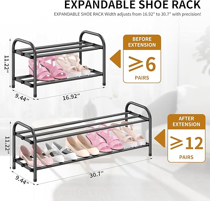 2-Tier Expandable Shoe Rack for Entryway，Adjustable Metal Shoe Organizer for Closet,Living Room,Dorm,Black