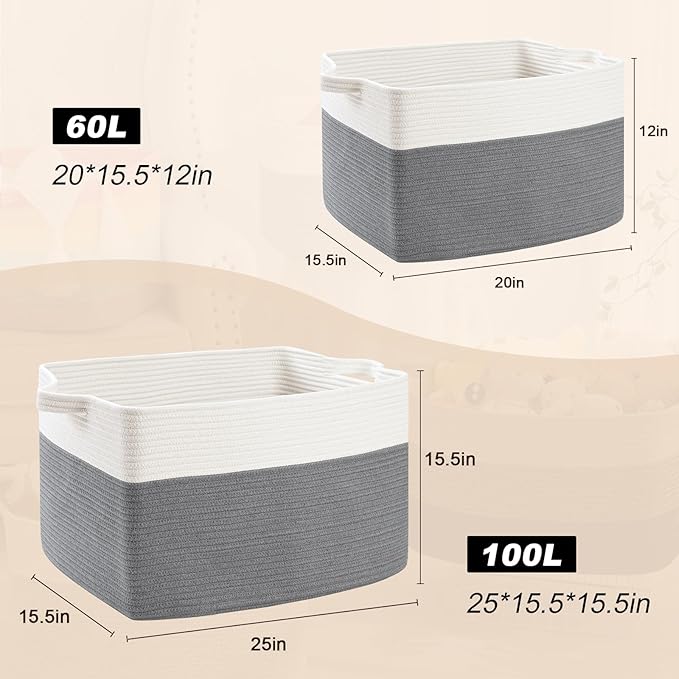 Large Blanket Basket, 100L Storage Baskets for Organizing, Woven Laundry Basket for Blankets, Cotton rope Blanket Storage for Living Room, Nursery Room, 24.8" L x 15.74" W x 15.74" H, Gray