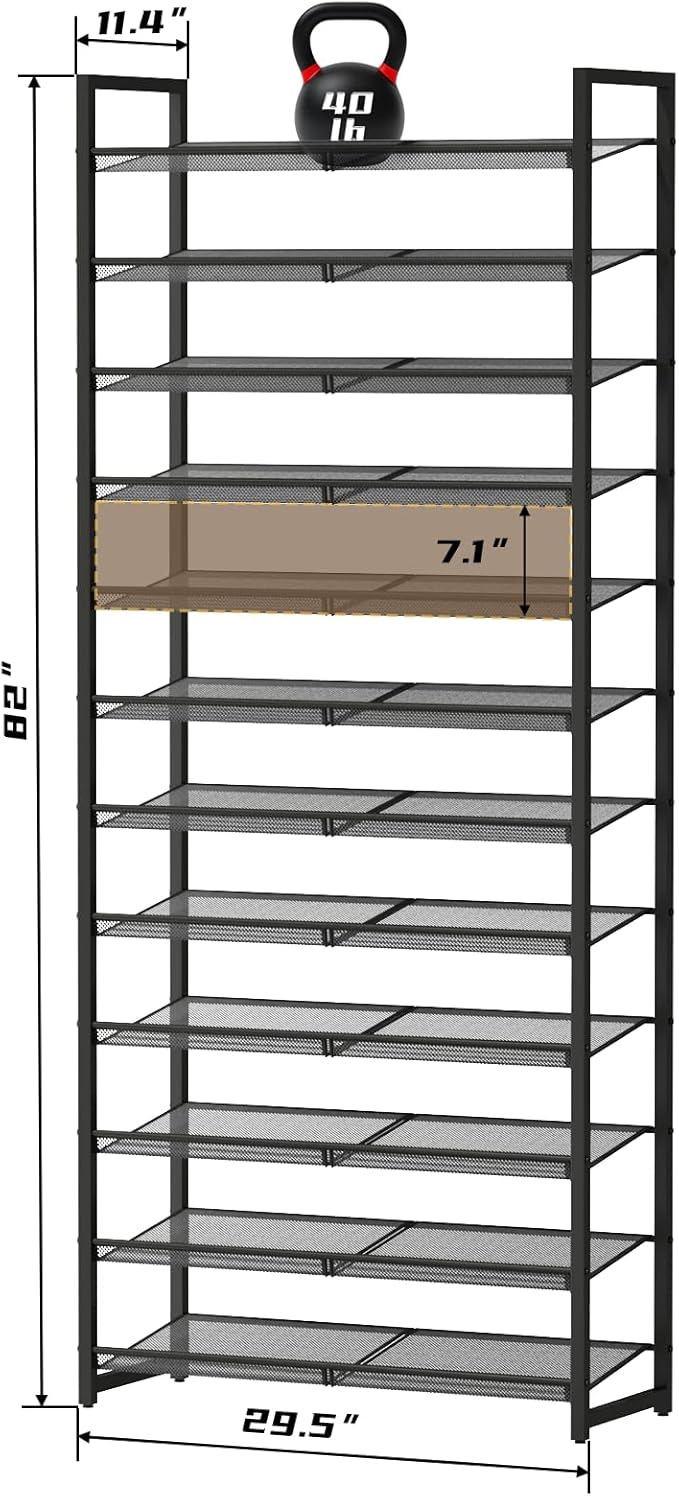 Shoe Rack, 12-Tier Metal Shoe Organizer, Tall Shoe Rack for Closet,entryway,Garage, with Adjustable Flat or Angled Shelves, 52-60 Pairs,Shoes That can accommodate The Whole Family.