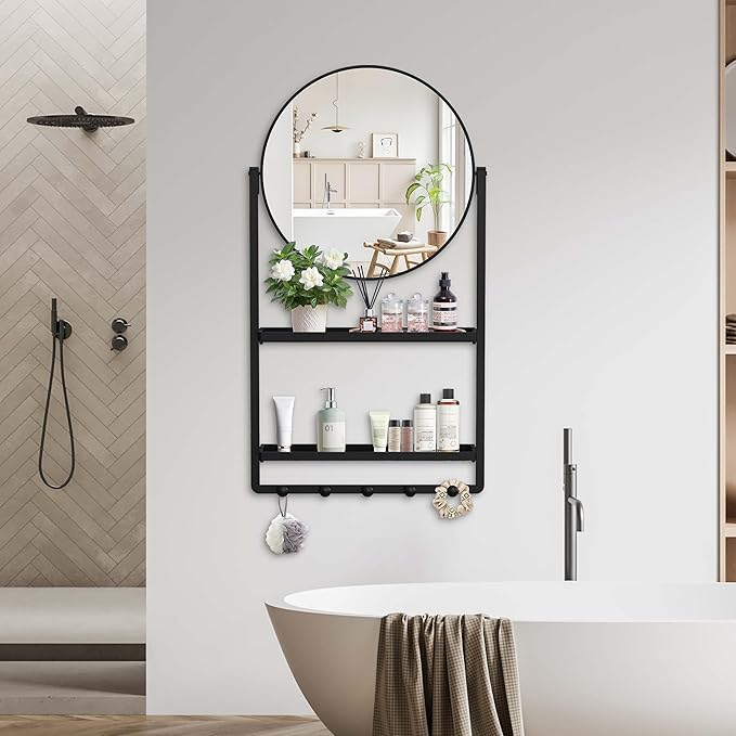 WONSTART 39.5" × 21.7" Black Round Wall Mirror with Shelf and Hooks, 10° Adjustable Tilt Metal Frame Bathroom Mirror with Shelf for Bedroom, Entryway, Living Room