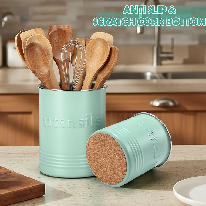 2 Pack Kitchen Utensil Holder for Counter 6.7"+4.7" Farmhouse Cooking Utensil Crock with Cork Bottom Modern Farmhouse Decors Countertop Storage Organizer Caddy Housewarming Gift(Sage Green)