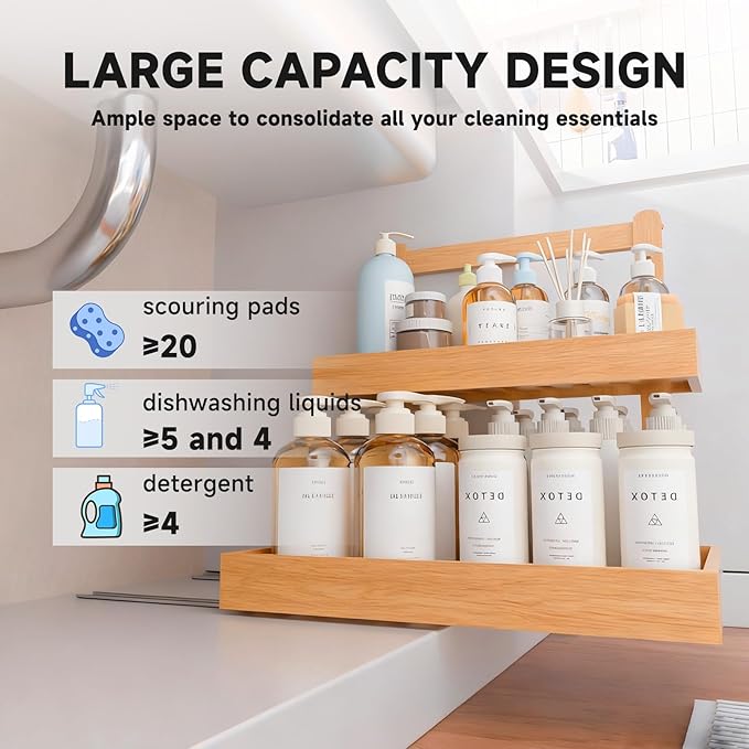 2-Tier Under Sink Pull Out Organizer, Bamboo Cabinet Storage Shelf with Adjustable Height, 9 Inch White Slide Out for Kitchen Bathroom Pantry