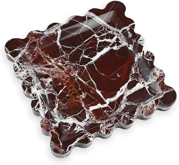 Elegant Square Marble Decorative Tray with Scalloped Edge Natural Stone Vanity Tray Organizer for Counter, Vanity, Dresser, Nightstand, Bathroom & Kitchen Sink(Rosso Lepanto)
