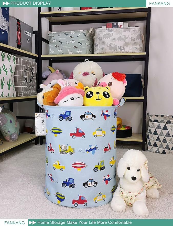 FANKANG Storage Basket, Nursery Hamper Canvas Laundry Basket Foldable with Waterproof PE Coating Large Storage Baskets for Kids Boys and Girls, Office, Bedroom, Clothes,Toysï¼Carï¼
