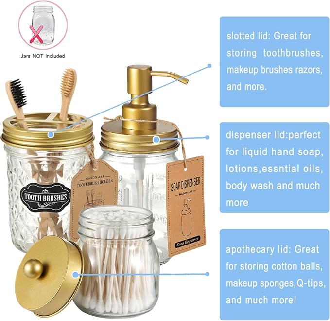 Mason Jar Bathroom Accessories Lids Set(4pcs) - Jars Not Included - Soap Dispenser, Apothecary Jars Lids for Regular Mouth Mason Jars, Wide Mouth Toothbrush Holder lid,-Stainless Steel,Gold