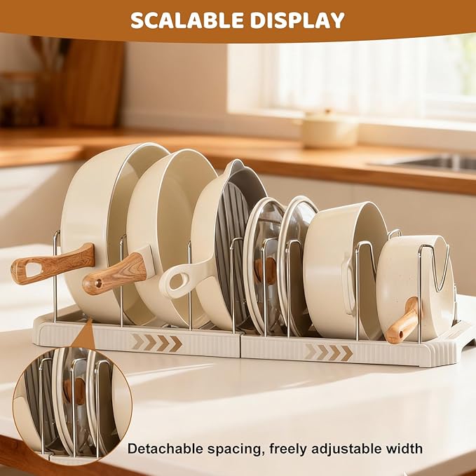 Expandable Pot Rack Organizer, 10 Adjustable Compartments, Pot and Pan Organizer Rack for Cabinet with Cup Brush Dividers, 13 -22" Wide Adjustable Pan Organizer - Pantry Countertop Storage (White)