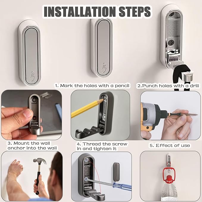 4PCS Foldable Wall Hooks, Folding Coat Hook, Folding Hook Wall Mount with 4pcs L-Shape Nail-Free Hooks, Screwdriver and Drill Bit, for Bathroom, Kitchen, Entryway, Holds Coats, Backpacks, Hats, Keys