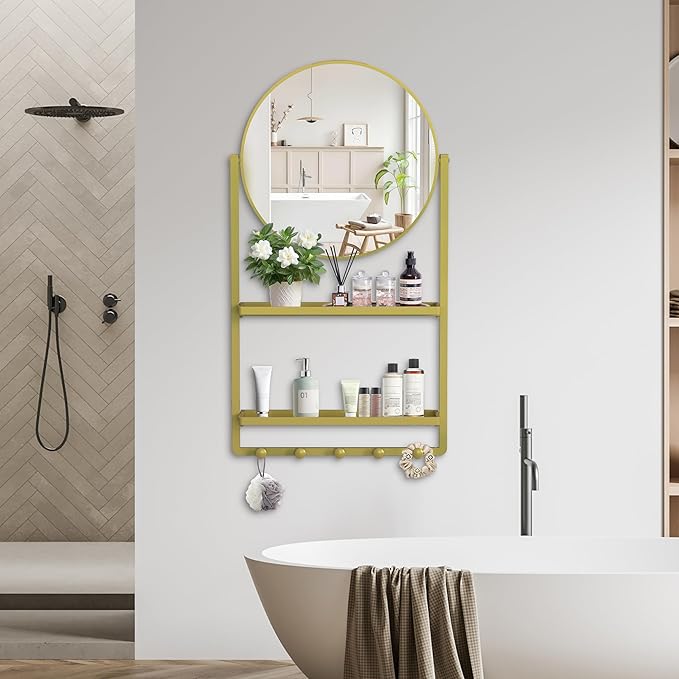 WONSTART 39.5" × 21.7" Gold Round Wall Mirror with Shelf and Hooks, 10° Adjustable Tilt Metal Frame Bathroom Mirror with Shelf for Bedroom, Entryway, Living Room