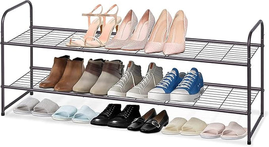 KEETDY 2-Tier Long Shoe Rack for Closet Entryway Shoe Organizer for 18 Pairs Sneakers, Metal Stackable Shoe Storage Shelf with Wire Grid for Bedroom, Floor, Bronze